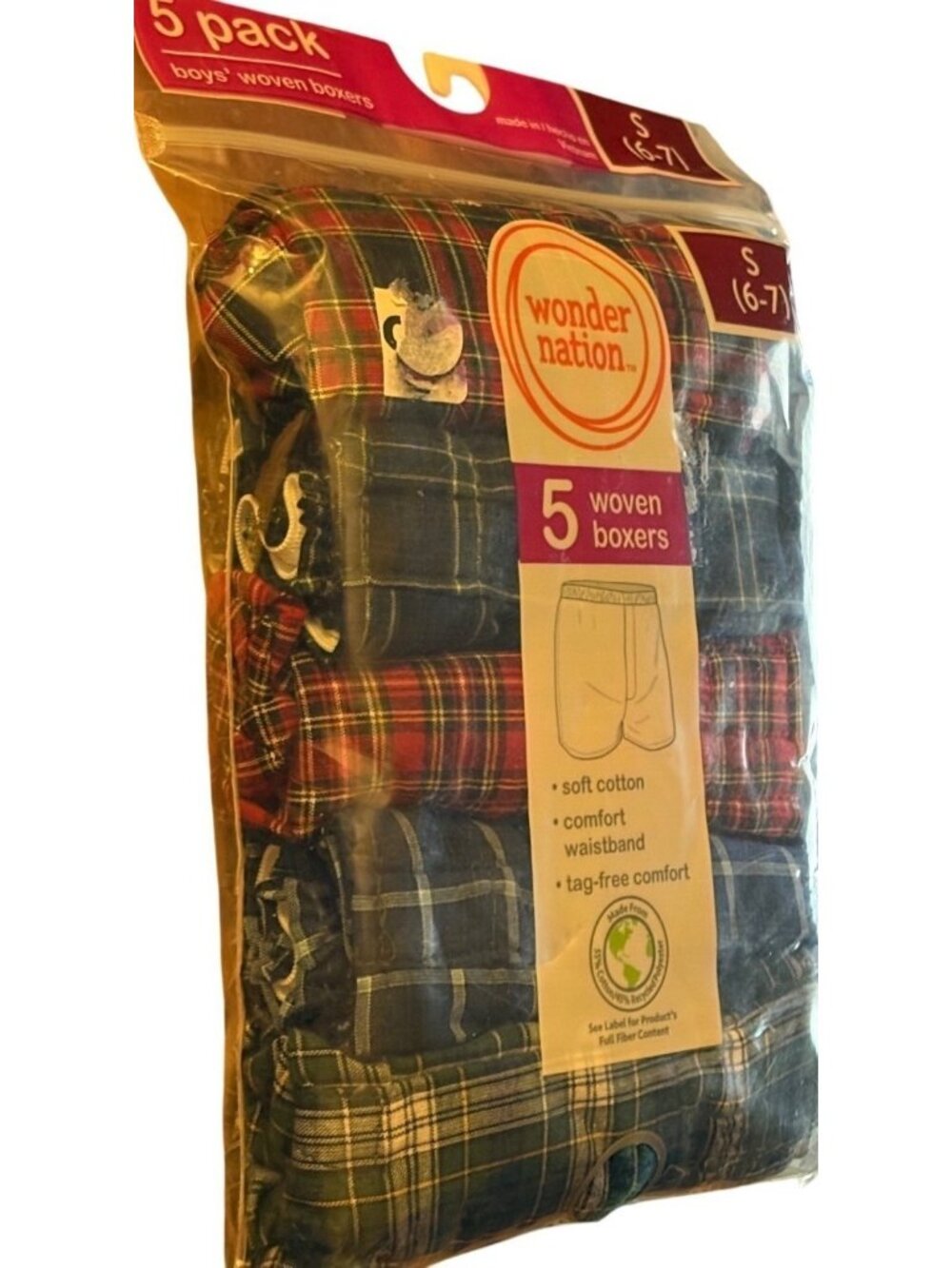 Wonder Nation Boys 5 Pk Plaid Woven Boxers S (6-7) Waist 22-23 Cotton Waistband